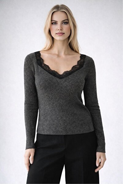 LOOSH Kadın Antrasit Yakası Dantelli Kazak