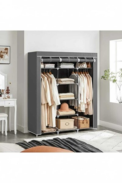DZGN HOME Bez Dolap XXL İki Askılıklı Ortadan Raflı Dolap Hugo Gri Gardırop