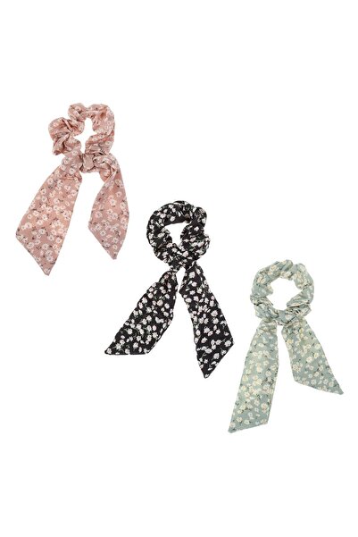 OEM Women's Textile Hair Elastics Floral Ribbon Pink Black Green - 3pcs