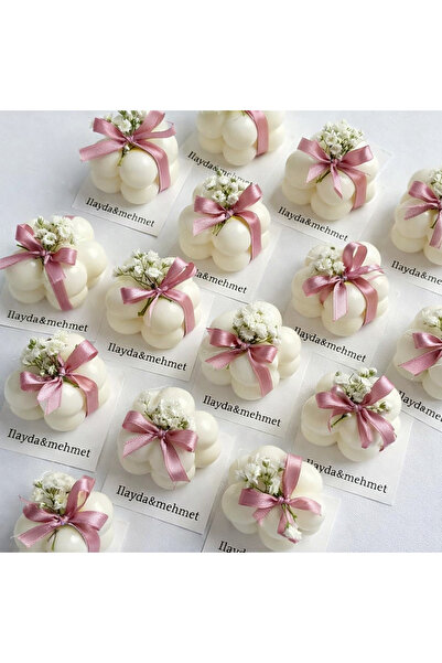Defne 10 adet üstü pembe kurdela ve cipso cicek detaylı buble mum. Söz,nişan,...