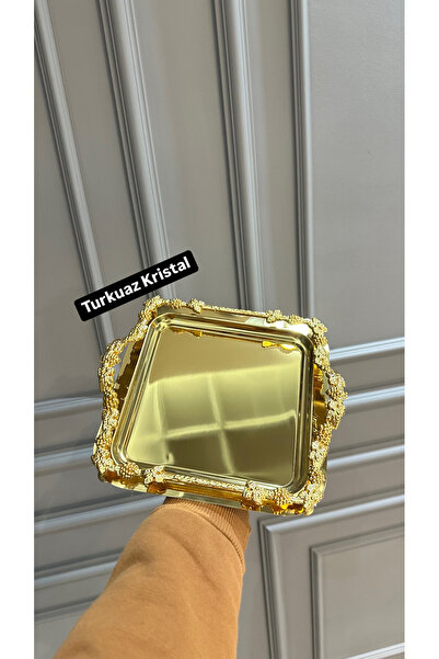 ozbience 6'lı Metal Ayaklı Gold Kulplu Döküm Çay Kahve Sunum Tepsisi