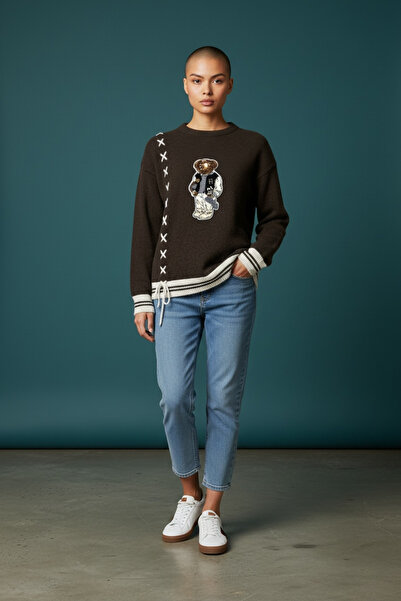 SEMİZ GİYİM Ayıcık Figürlü Çizgili Kahverengi Kazak