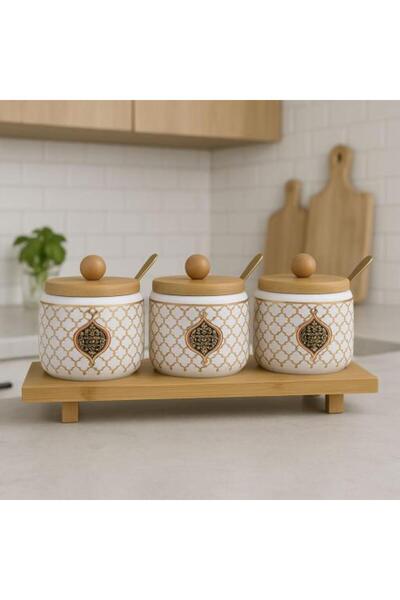 Generic Ceramic Spice Set with Wooden Bases - 3 Pieces - Bali Model - White