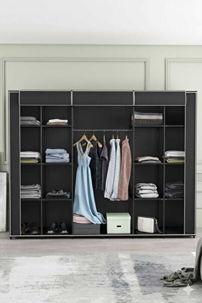 DZGN HOME Çok Amaçlı Bez Dolap 18 Raflı Hangar Boy Gardırop Siyah