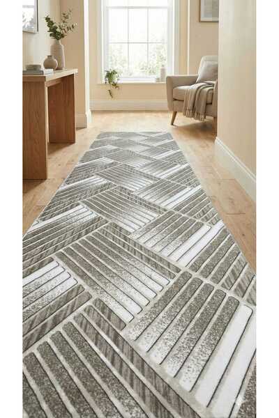 Nesrin JEL TABAN KAYMAZ MODERN AÇIK KAHVERENGİ ÇUBUKLU GÜZEL KESME HALI YOLLUK