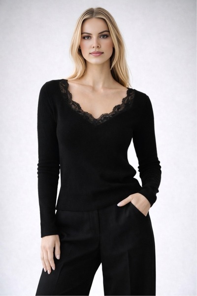 LOOSH Kadın Antrasit Yakası Dantelli Kazak