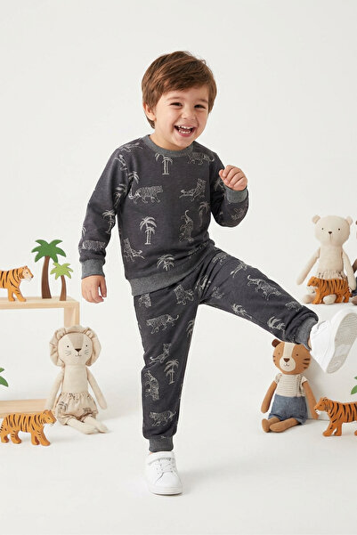 DAPSEE Erkek Çocuk Hayvan Figürlü Pijama Takımı Füme – Pamuklu, Uzun Kollu Al...