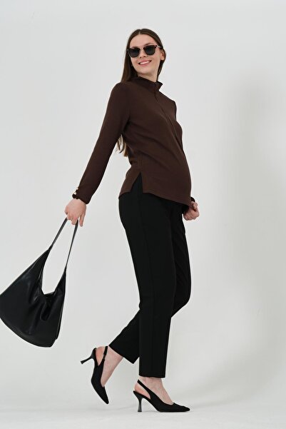 BUSA Maternity Long Sleeve Zippered Collar Knitwear Blouse Brown