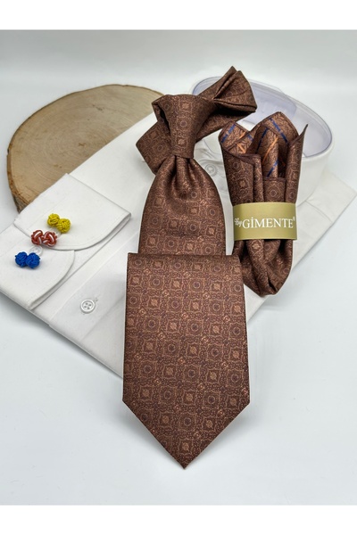 Gutiero Brown Patterned Classic Tie with Handkerchief
