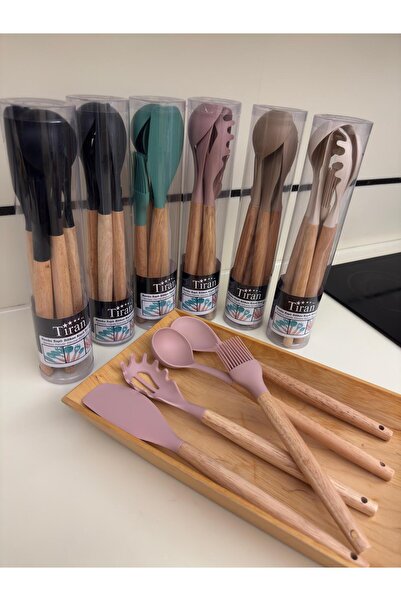 Tiran 5 Parça Bej Ahşap Saplı Silikon Mutfak Servis Seti-Yanmaz Yapışmaz Kepç...