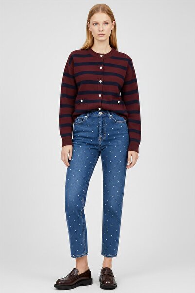 Perspective Bordo Çizgili Triko Hırka