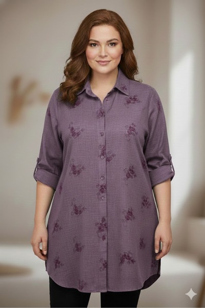elma abone Plus Size Women's Linen Workwear Tunic Shirt
