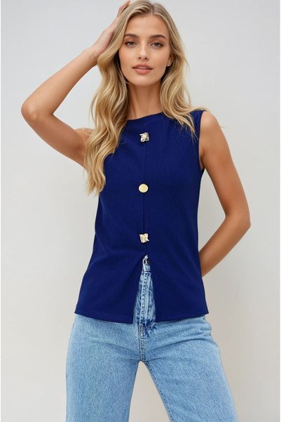 OLSAMODA Women's Front Slit Button Detail Sleeveless Flexible Fabric Blouse