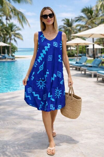 AYASOFYA OTANTIK Women's Saks Blue Patterned Sleeveless Midi Dress