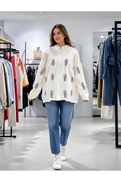 MG trend shop KADIN BEJ DAL DESENLİ KETEN CEKET