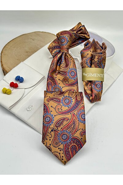 Gutiero Gold Şal Desenli Mendilli Klasik Kravat