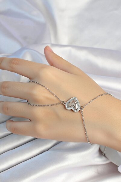 Jadem Gold 316L Steel Chain Silver Color Heart Figured Zircon Stone Şahmeran