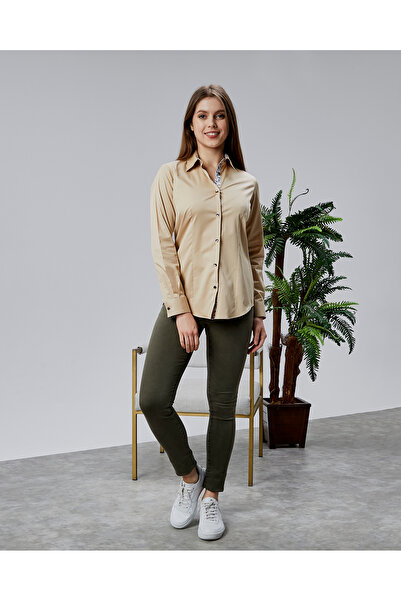FARQIN Beige Cotton Satin Fabric and Button Detail Slim Fit Women's Shirt