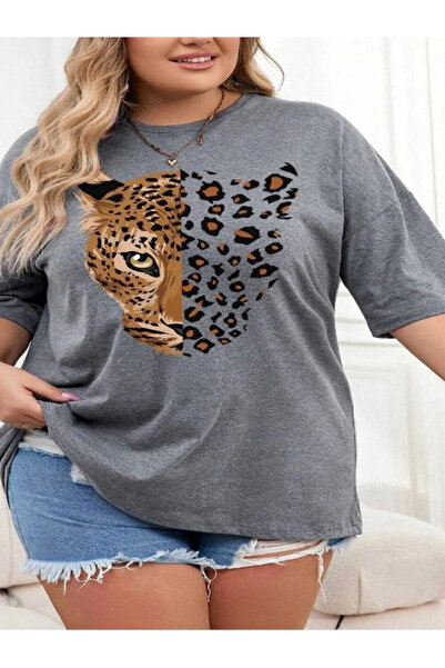 ASSEL KADIN Leopar Baskılı Bisiklet Yaka T-shirt