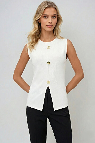 OLSAMODA Women's Front Slit Button Detail Sleeveless Flexible Fabric Blouse