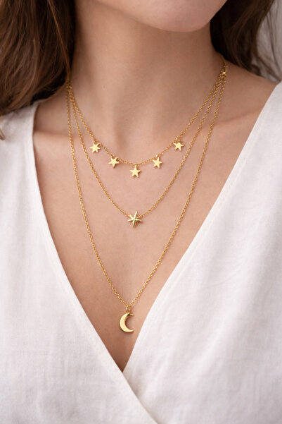 SENTE SENTÉ Altın Renk Kutup Yıldızı ve Hilal Figürlü Çok Katmanlı Kombin Kolye