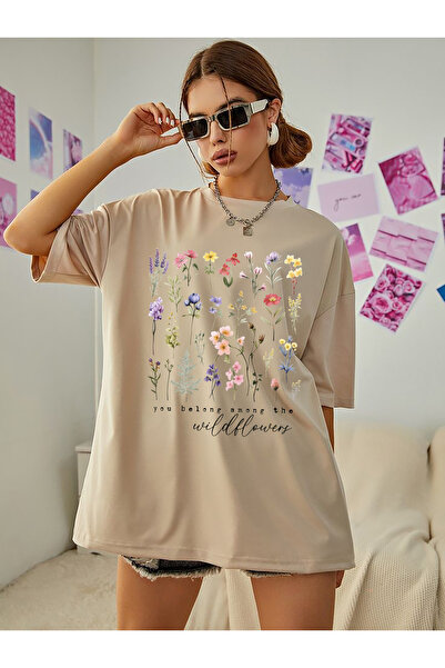 SUNFREE Flower Frame Printed Cotton Combed Short Sleeve Oversize Women's Tshirt