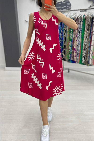 AYASOFYA OTANTIK Women's Dark Fuchsia Patterned Sleeveless Midi Dress