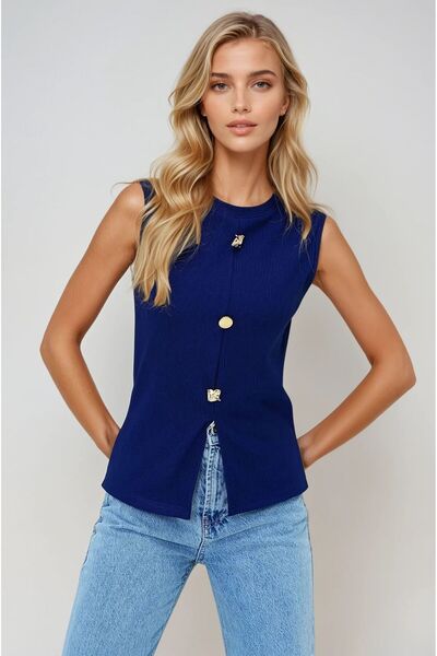 OLSAMODA Women's Front Slit Button Detail Sleeveless Flexible Fabric Blouse