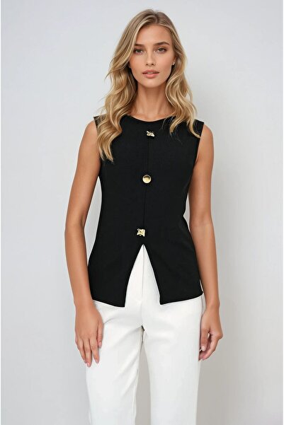 OLSAMODA Women's Front Slit Button Detail Sleeveless Flexible Fabric Blouse