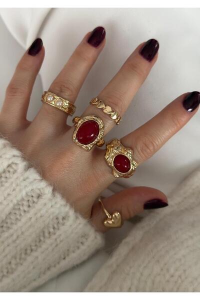 Pinery Jewels İri Renkli Taşlı Altın Kaplama Çoklu Yüzük Seti