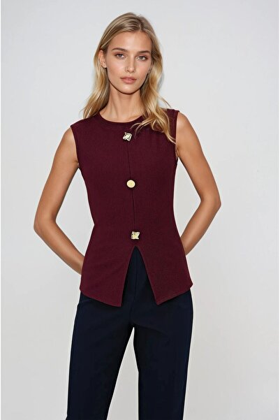 OLSAMODA Women's Front Slit Button Detail Sleeveless Flexible Fabric Blouse