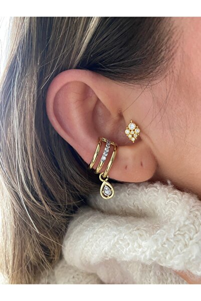 Pinery Jewels 3 Sıra Sallantılı Damla Zirkon Taşlı Kadın Kıkırdak Küpe