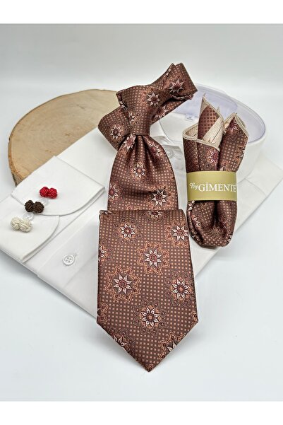 Gutiero ربطة عنق كلاسيكية بنمط بني فاتح مع منديل
