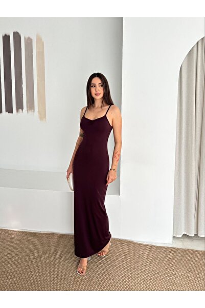 02Lady Fashion Liverpool Fabric Long Dress with Gathered Detail and Thin Straps