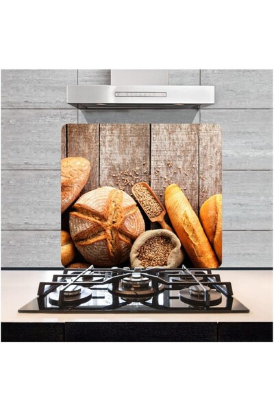 AyrStore Dekoratif Cam Ocak Arkası Koruyucu ve Kesme Tahtası Ekmek (50cm x 56...