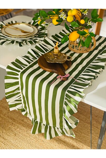 HOME OF BLOSSOM 40X120Cm Khaki Green Striped Ruffle Runner