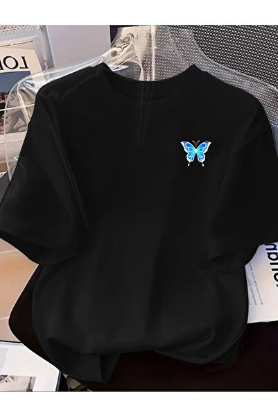 H&GHAMLEGİYİM Blue Butterfly Printed T-Shirt