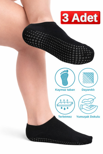 Jusmart Unisex 3 Adet Siyah Pamuklu Kaymaz Silikon Taban ◆ Yoga Pilates Tavaf...