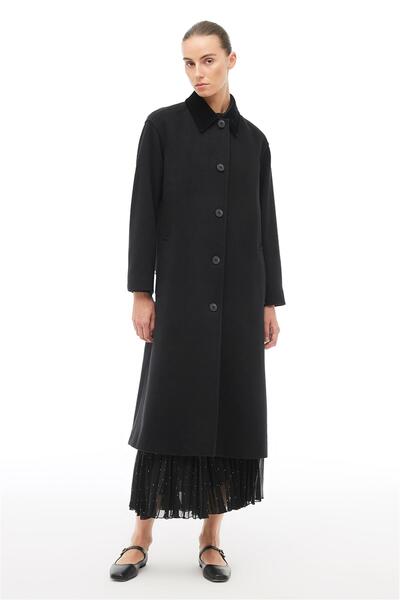 Perspective Siyah Gömlek Yaka Midi Kaban