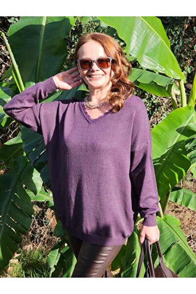 Felix Butik FELİX14418 Sırt Bağlamalı V Yaka Dantelli Mürdüm İthal Triko