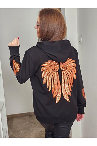 Felix Butik FELİX14536 Kapüşonlu Sırt Kol Turuncu Payet Kanatlı Siyah Büyük B...