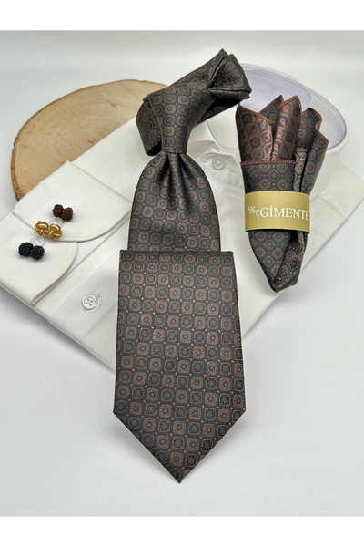 Gutiero Brown Patterned Classic Tie with Handkerchief