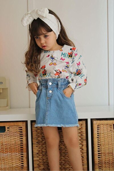 Asortix Set de 2 piese: Fustă din denim pentru fete și bluză cu guler tip păp...