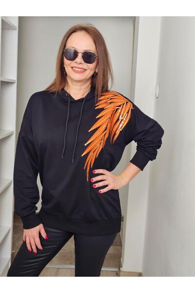 Felix Butik FELİX14535 Omuz Turuncu Payetli Siyah Büyük Beden Sweatshirt
