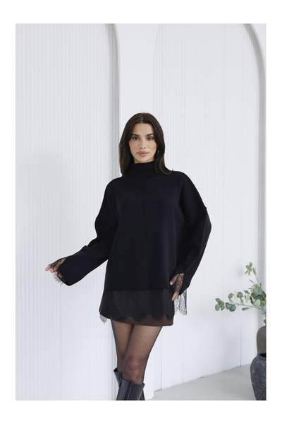 Elif Özbey Butik Siyah Dantelli Hakim Yaka Triko Kazak