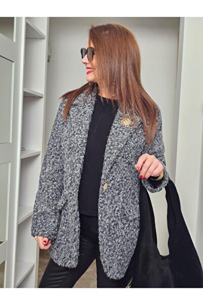 Felix Butik FELİX14452 Tek Düğme Broşlu Astarlı Gri Kırcılı İthal Keçe Ceket