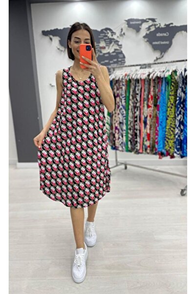 AYASOFYA OTANTIK Women's Black Patterned Sleeveless Midi Dress