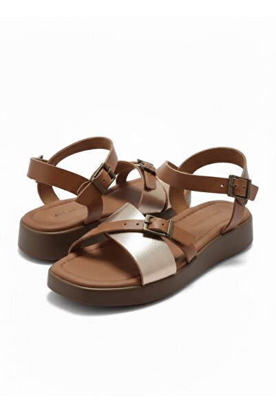 L&L Genuine Leather Tan Wedge Sole Women's Sandals