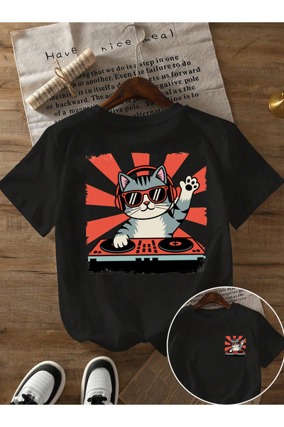 SUNFREE Dj Cat Printed Black Unisex Oversize Combed Cotton Tshirt