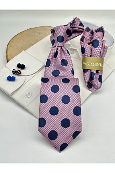 Gutiero Pink Navy Blue Polka Dot Classic Tie with Handkerchief